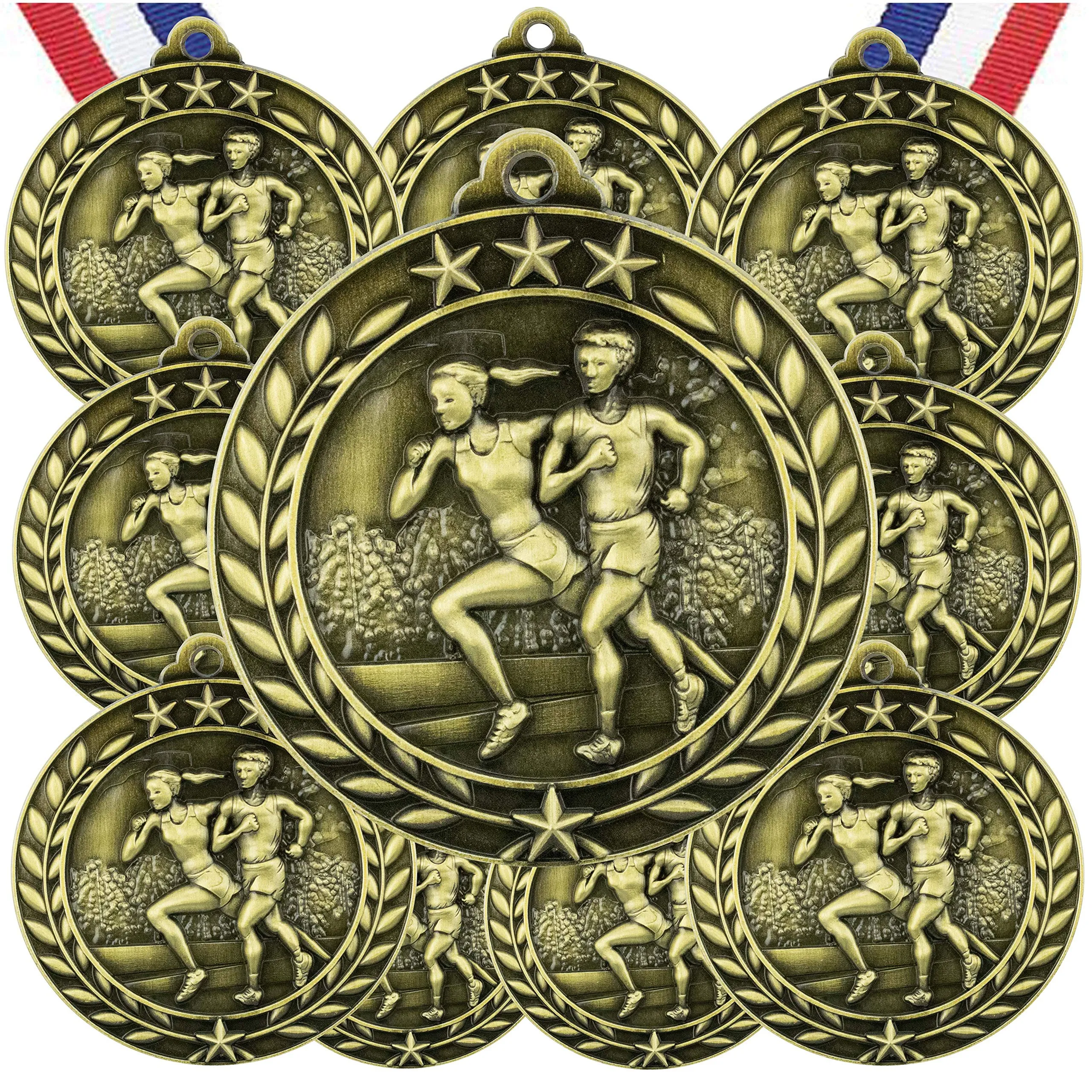 10 Pack Cross Country Gold Medals Trophy Award with Neck Ribbons WAMG-914
