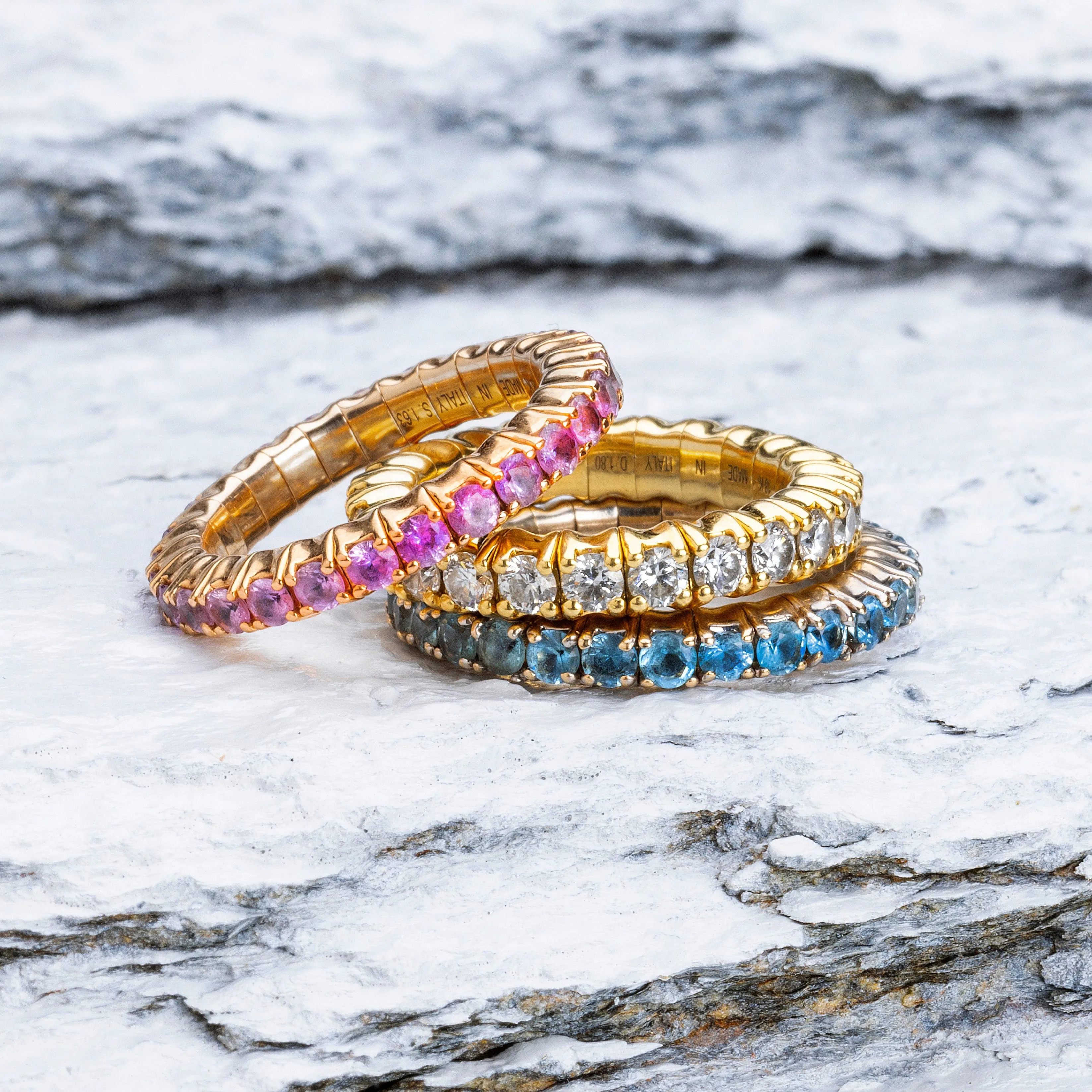 18K Gold Stretch Sky Blue Sapphire Eternity Rings, .6-3.0 Carats