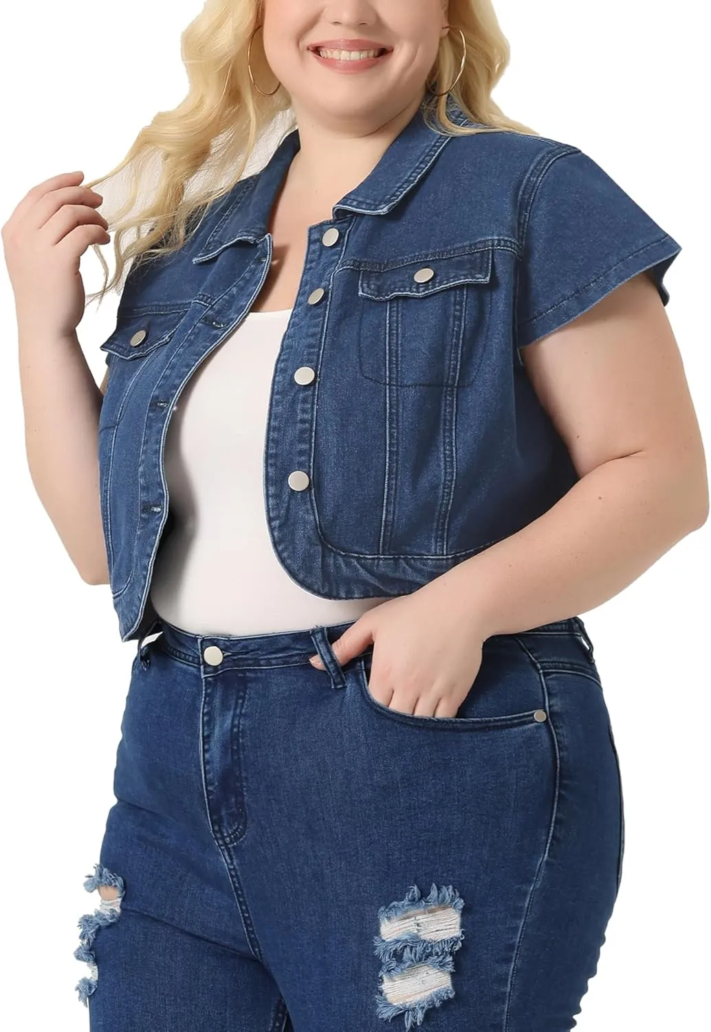 Agnes Orinda Plus Size Short Sleeve Denim Jackets for Women Y2K Button Down Tops Streetwear Cropped Jean Jacket