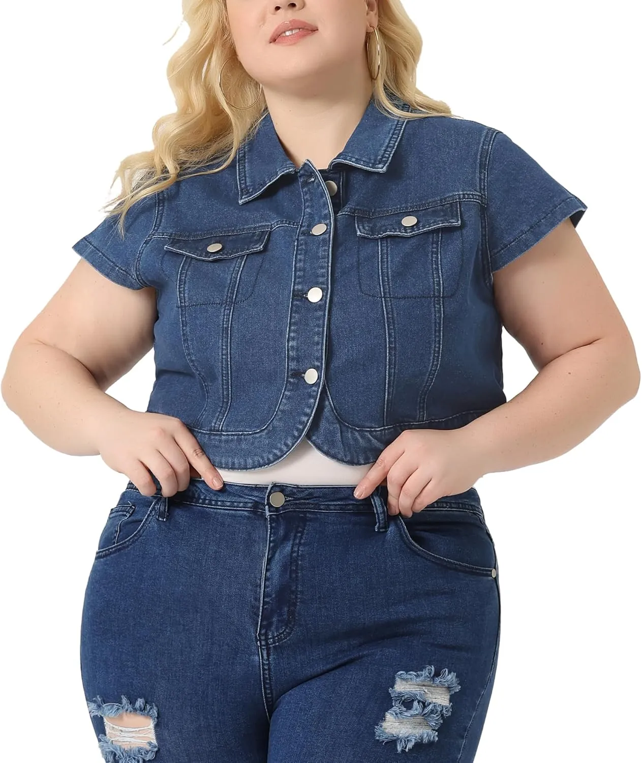Agnes Orinda Plus Size Short Sleeve Denim Jackets for Women Y2K Button Down Tops Streetwear Cropped Jean Jacket
