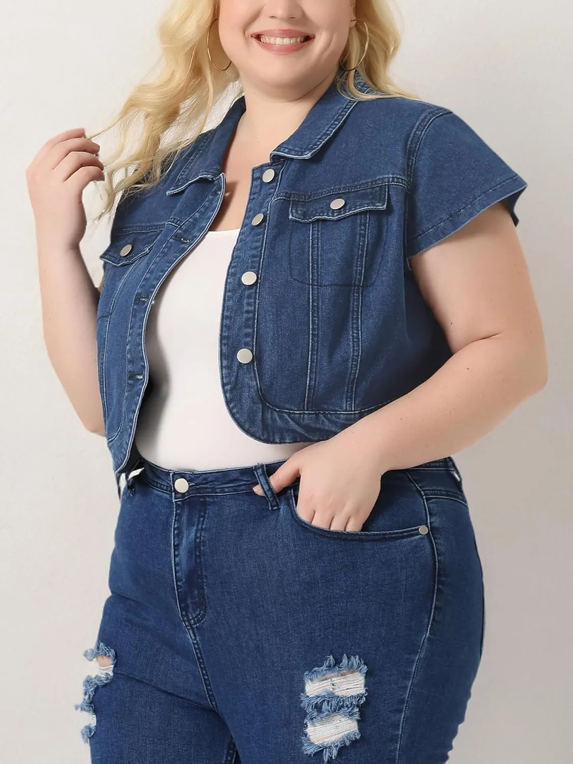 Agnes Orinda Plus Size Short Sleeve Denim Jackets for Women Y2K Button Down Tops Streetwear Cropped Jean Jacket