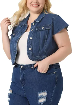 Agnes Orinda Plus Size Short Sleeve Denim Jackets for Women Y2K Button Down Tops Streetwear Cropped Jean Jacket