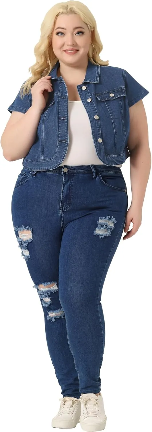 Agnes Orinda Plus Size Short Sleeve Denim Jackets for Women Y2K Button Down Tops Streetwear Cropped Jean Jacket