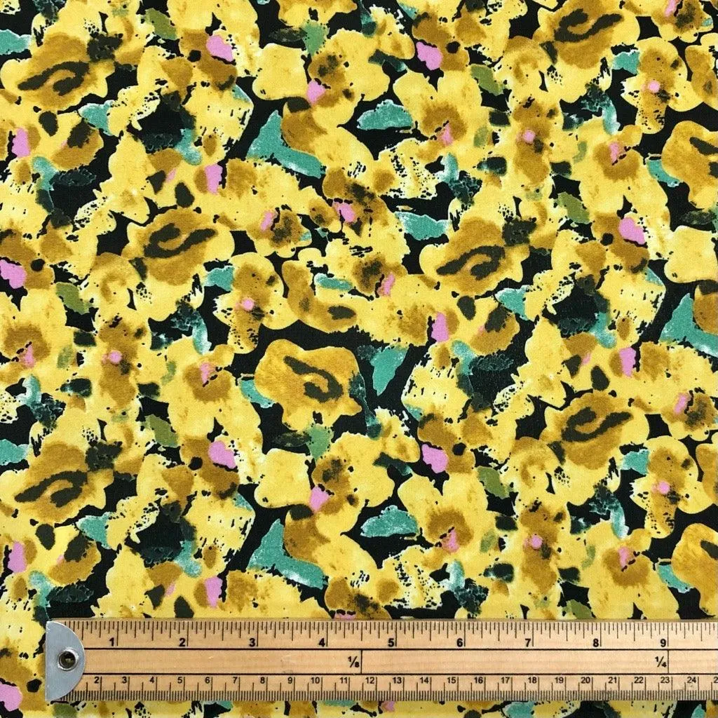 All Over Abstract Floral on Black Polyester Crepe Fabric