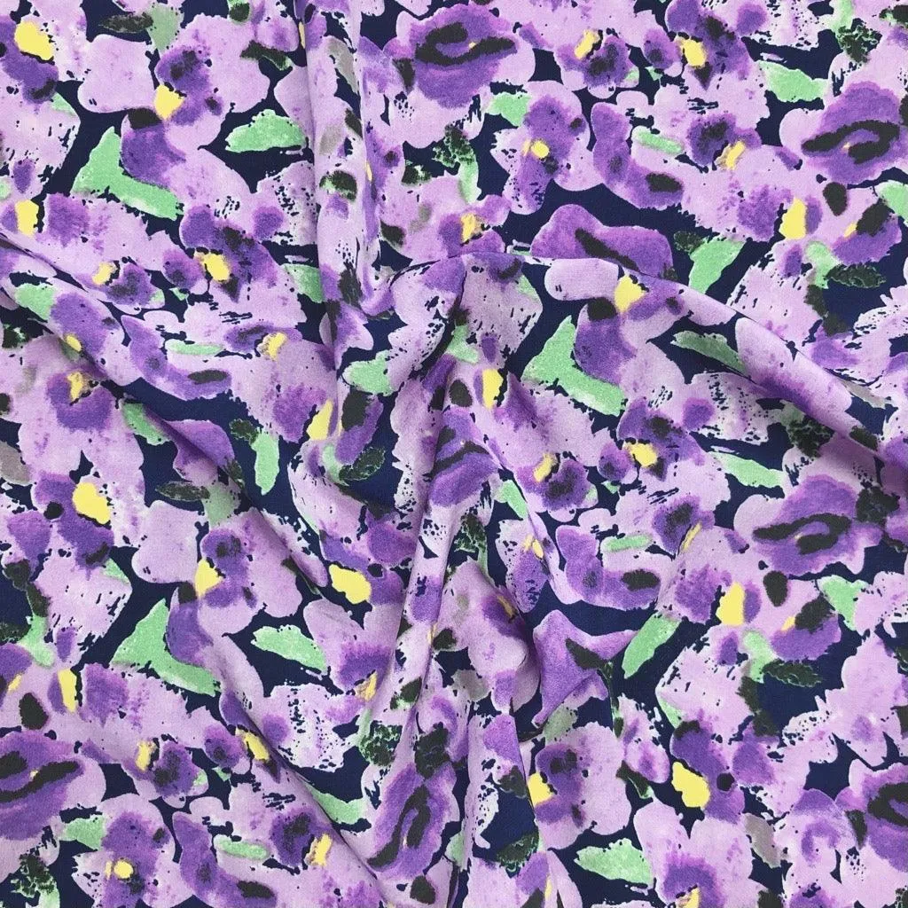 All Over Abstract Floral on Black Polyester Crepe Fabric