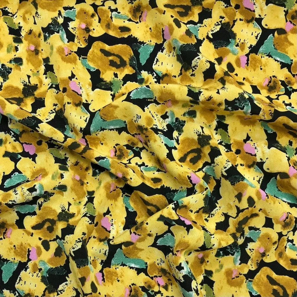 All Over Abstract Floral on Black Polyester Crepe Fabric