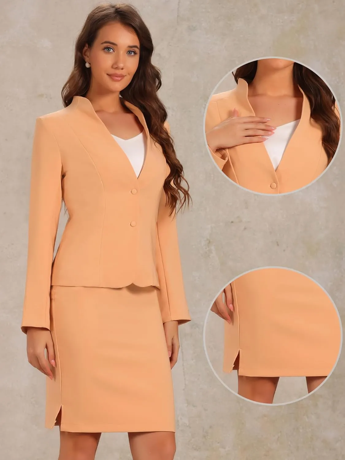 Allegra K 2 Piece Suit Skirt Set for Women's Business Formal Collarless Blazer and Pencil Skirts