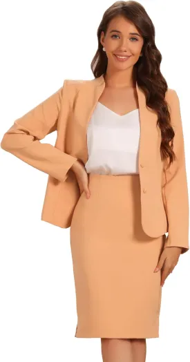 Allegra K 2 Piece Suit Skirt Set for Women's Business Formal Collarless Blazer and Pencil Skirts