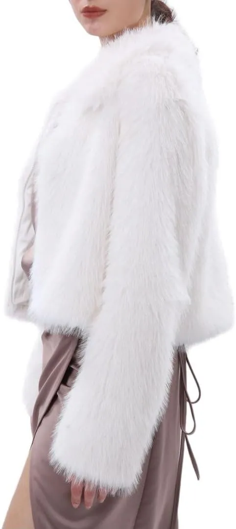 Amazhiyu Womens Faux Fur Zip-Up Cropped Jacket Long Sleeve Warm Winter Coat