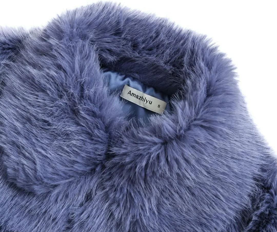 Amazhiyu Womens Faux Fur Zip-Up Cropped Jacket Long Sleeve Warm Winter Coat