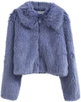 Amazhiyu Womens Faux Fur Zip-Up Cropped Jacket Long Sleeve Warm Winter Coat