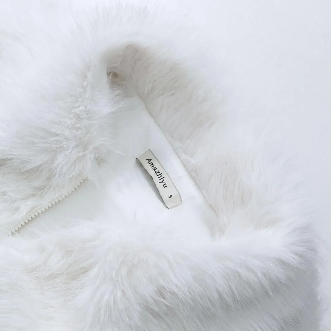 Amazhiyu Womens Faux Fur Zip-Up Cropped Jacket Long Sleeve Warm Winter Coat