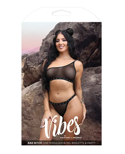 Bad Bitch One Shoulder Bling Bralette & Panty Black M/L