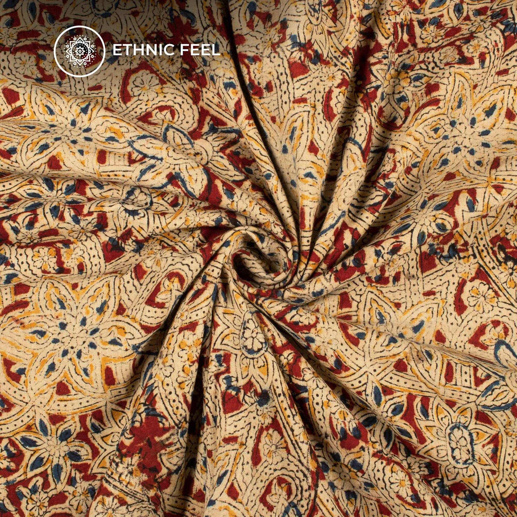 Beige And Sangria Red Floral Kalamkari Cotton Fabric