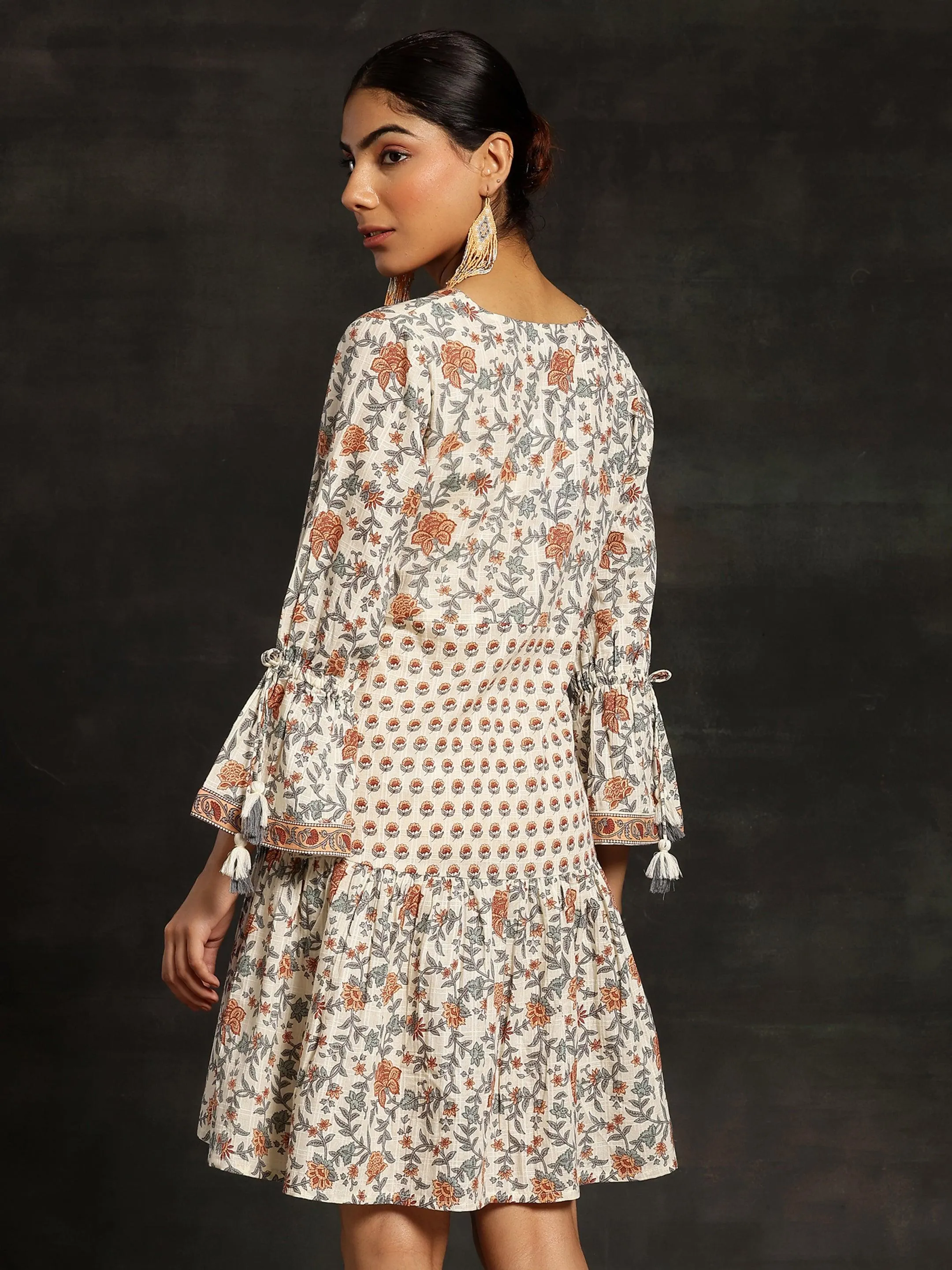 Beige Printed Cotton A-Line Dress