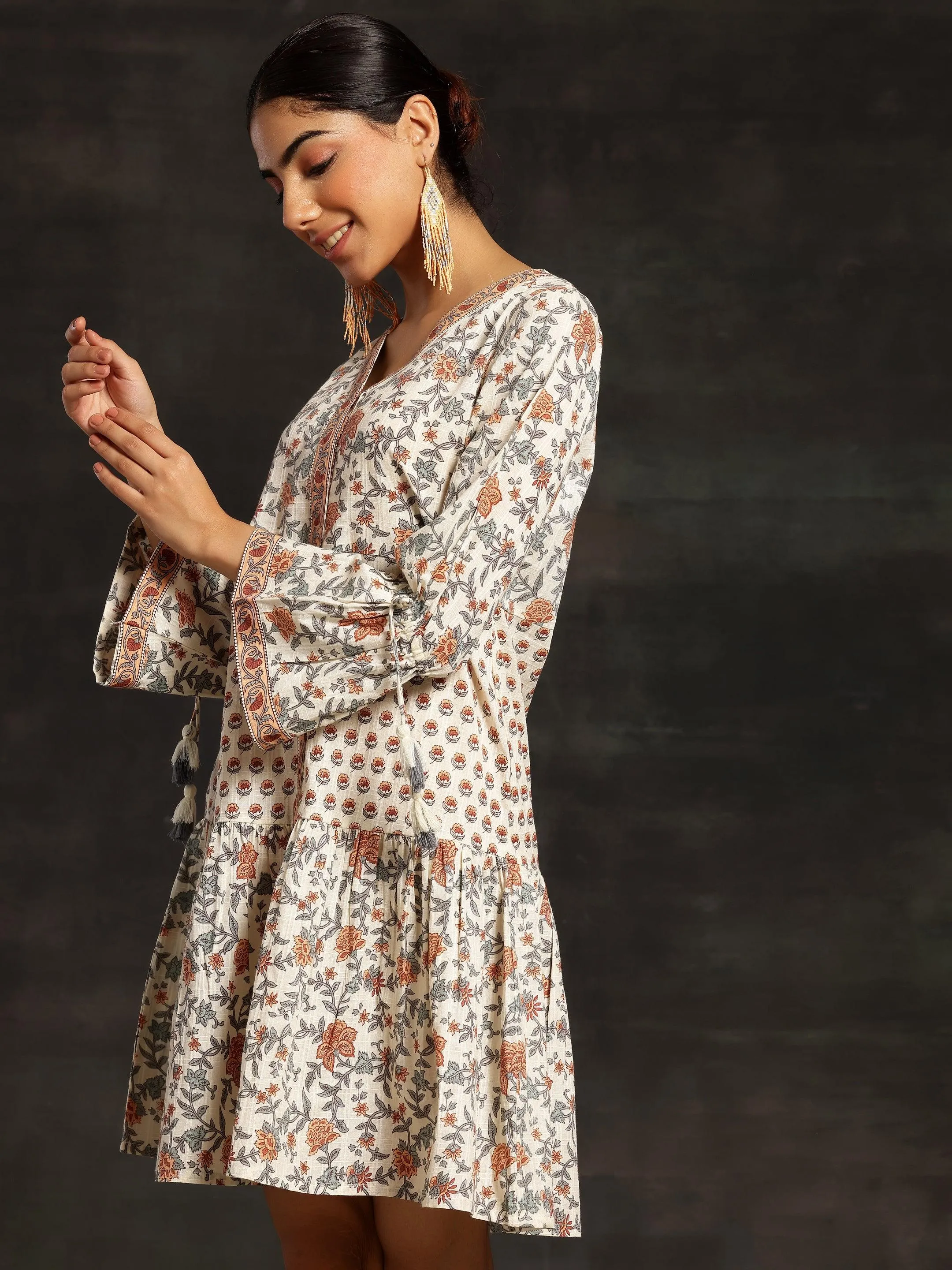 Beige Printed Cotton A-Line Dress