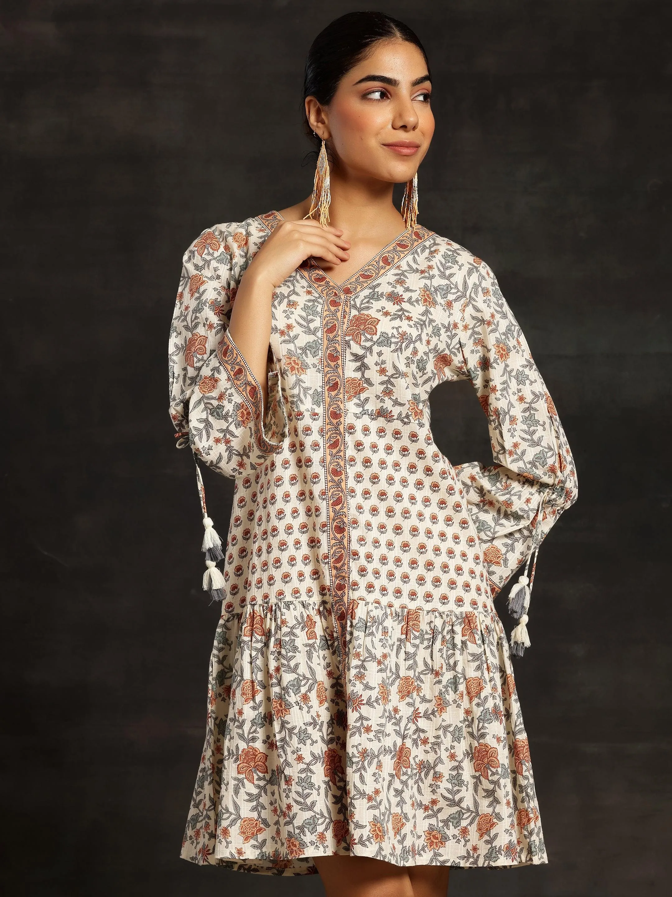 Beige Printed Cotton A-Line Dress