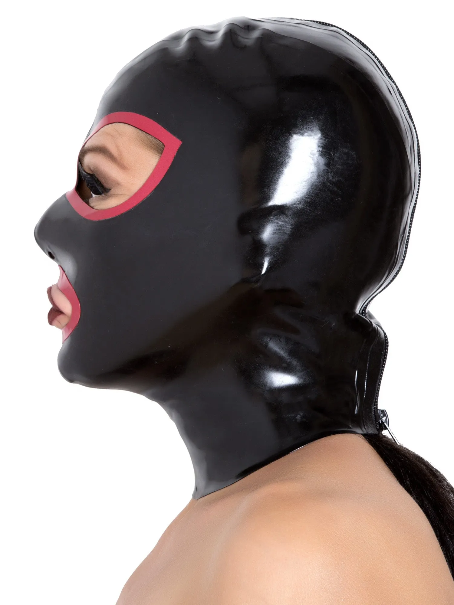 Black Latex Hood with Red Trim