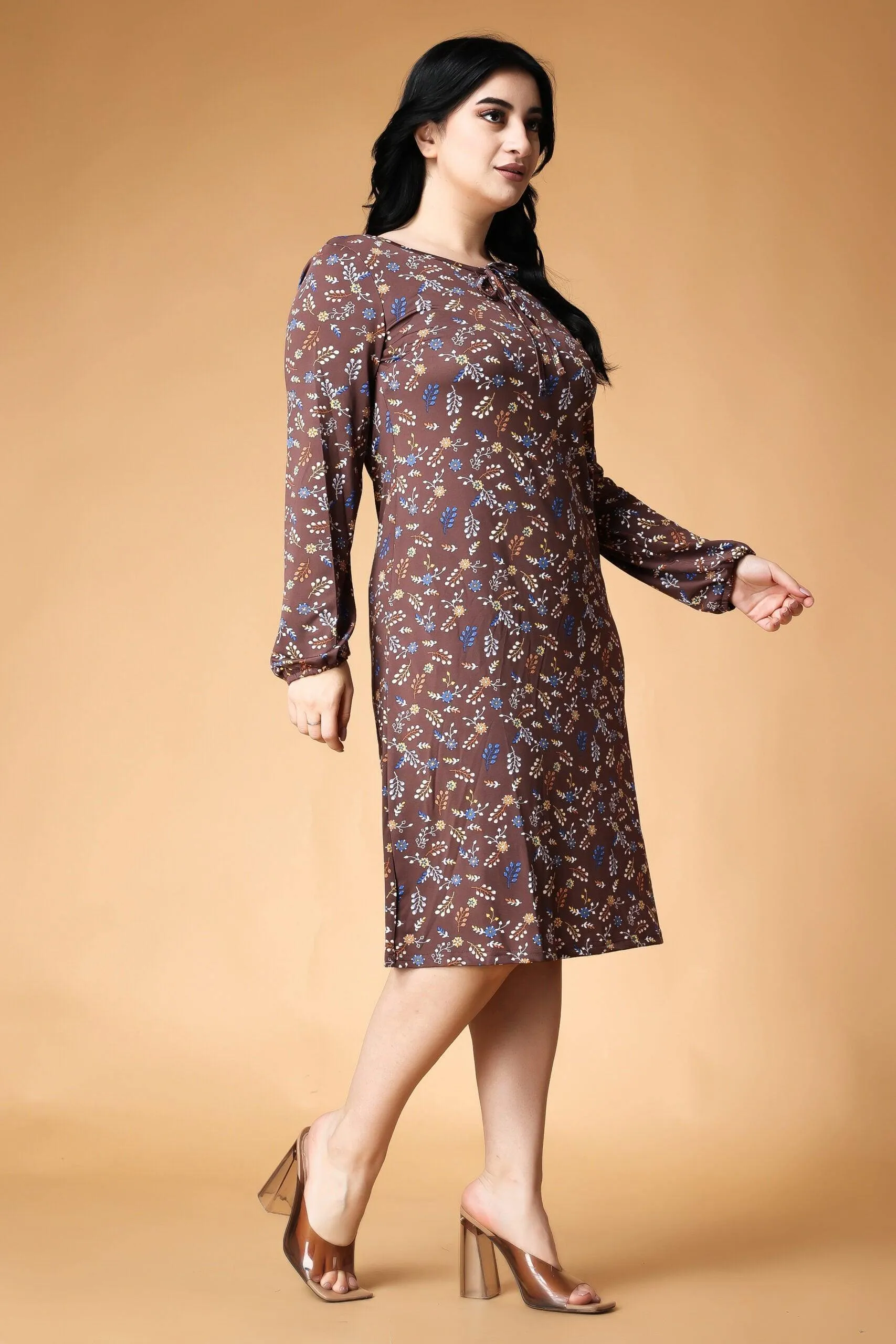 Brown Small Floral Printed Knitted Dress