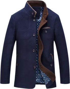 chouyatou Men's Gentle Band Collar Single Breasted Wool Blend Pea Coat