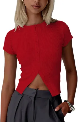 Cioatin Women Button Down Open Front Short Sleeve Crop Tee Tops Y2K Crew Neck Slim Fit Ribbed Cardigan Tshirt Workout
