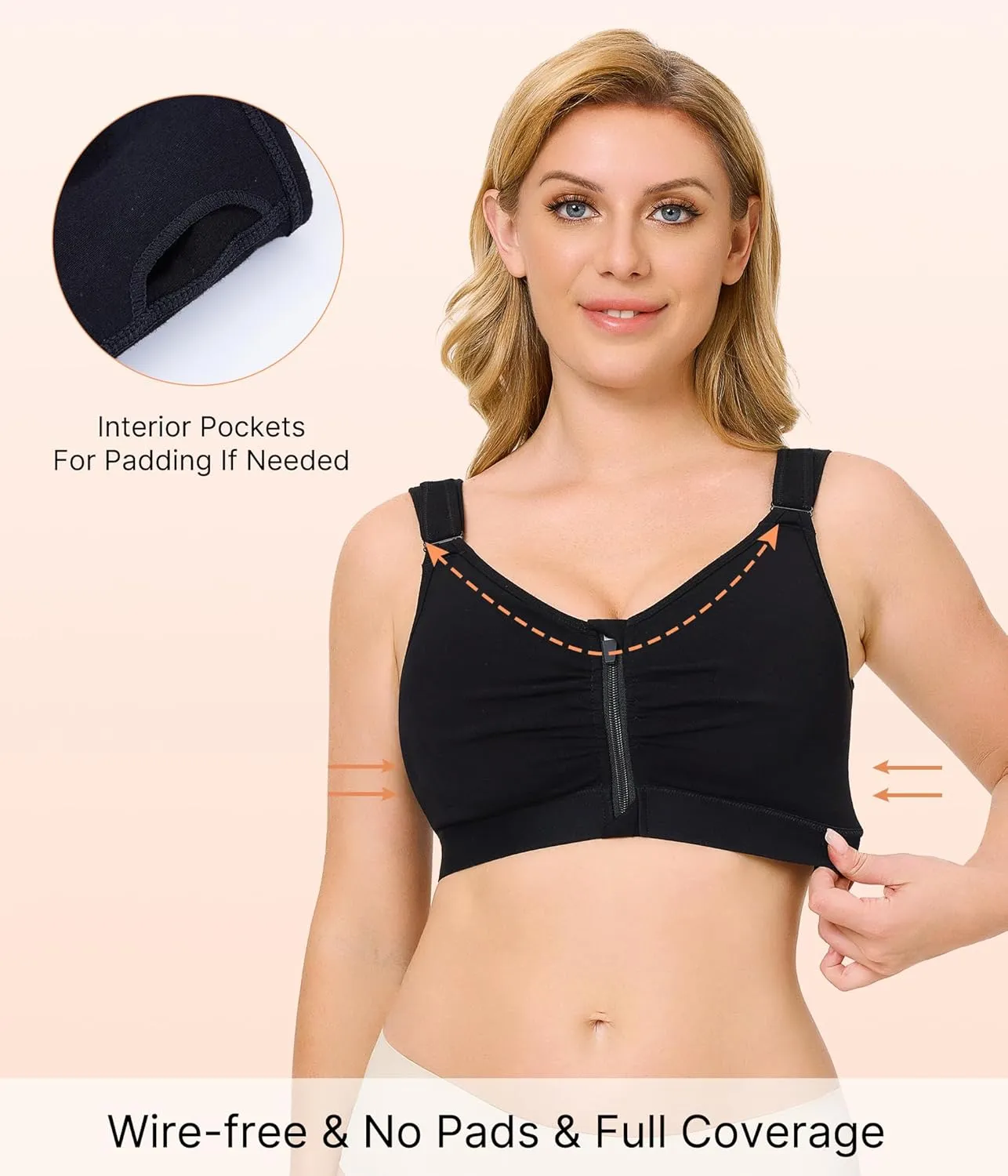 CYDREAM Zip Front Bra for Women Wireless Full Coverage Comfort Everyday Post Surgery Compression Bras Adjustable Straps