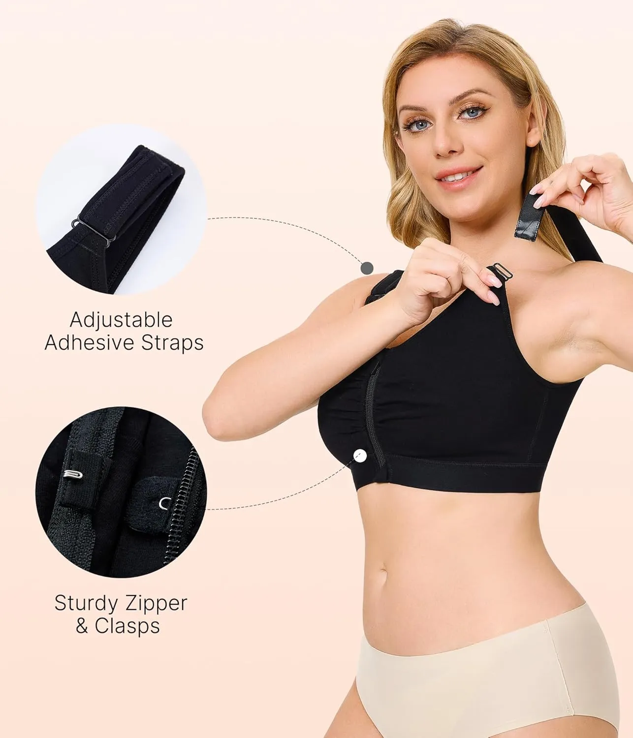 CYDREAM Zip Front Bra for Women Wireless Full Coverage Comfort Everyday Post Surgery Compression Bras Adjustable Straps