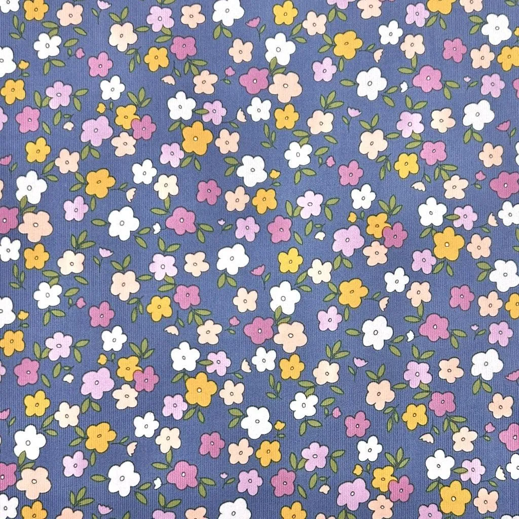 Drawn Flowers on Light Navy Needlecord Fabric