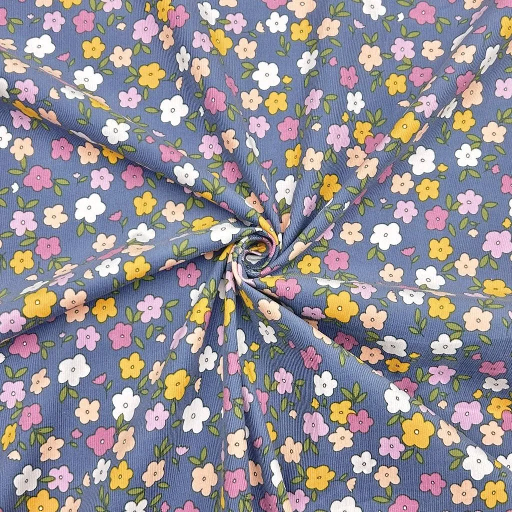 Drawn Flowers on Light Navy Needlecord Fabric