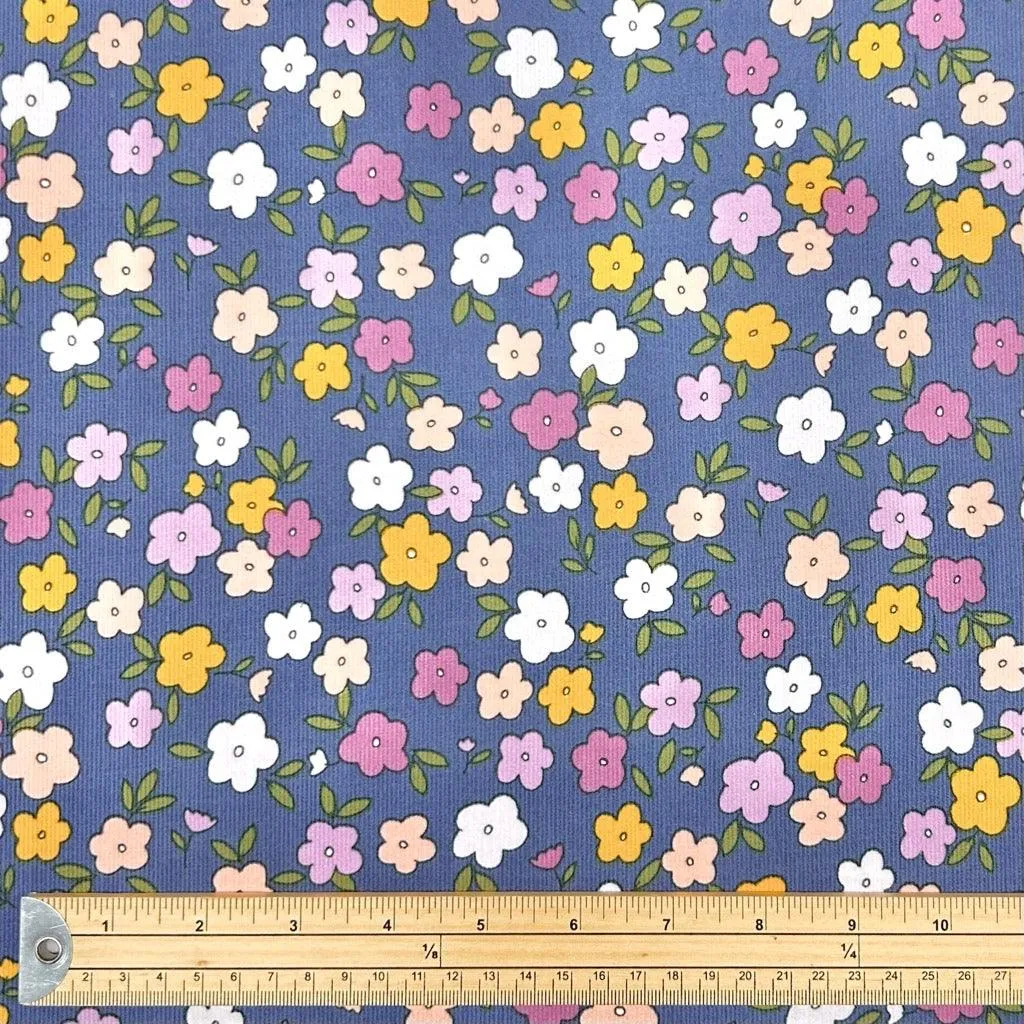 Drawn Flowers on Light Navy Needlecord Fabric
