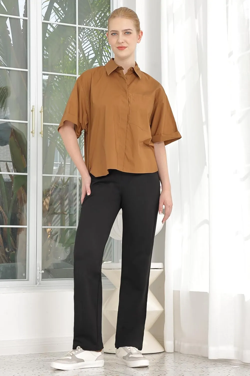 Dress Pants for Women Work Straight Pants with Pockets High Waisted Casual Business Slacks 29" Inseam Pull On Trousers
