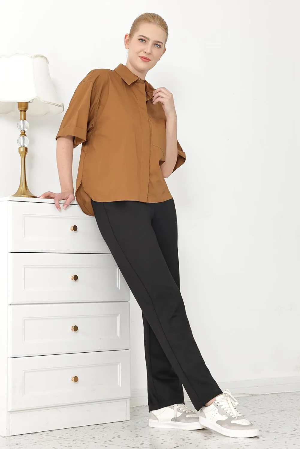 Dress Pants for Women Work Straight Pants with Pockets High Waisted Casual Business Slacks 29" Inseam Pull On Trousers