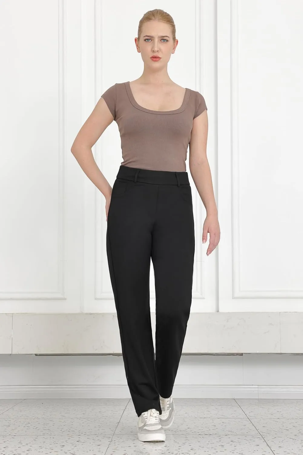 Dress Pants for Women Work Straight Pants with Pockets High Waisted Casual Business Slacks 29" Inseam Pull On Trousers