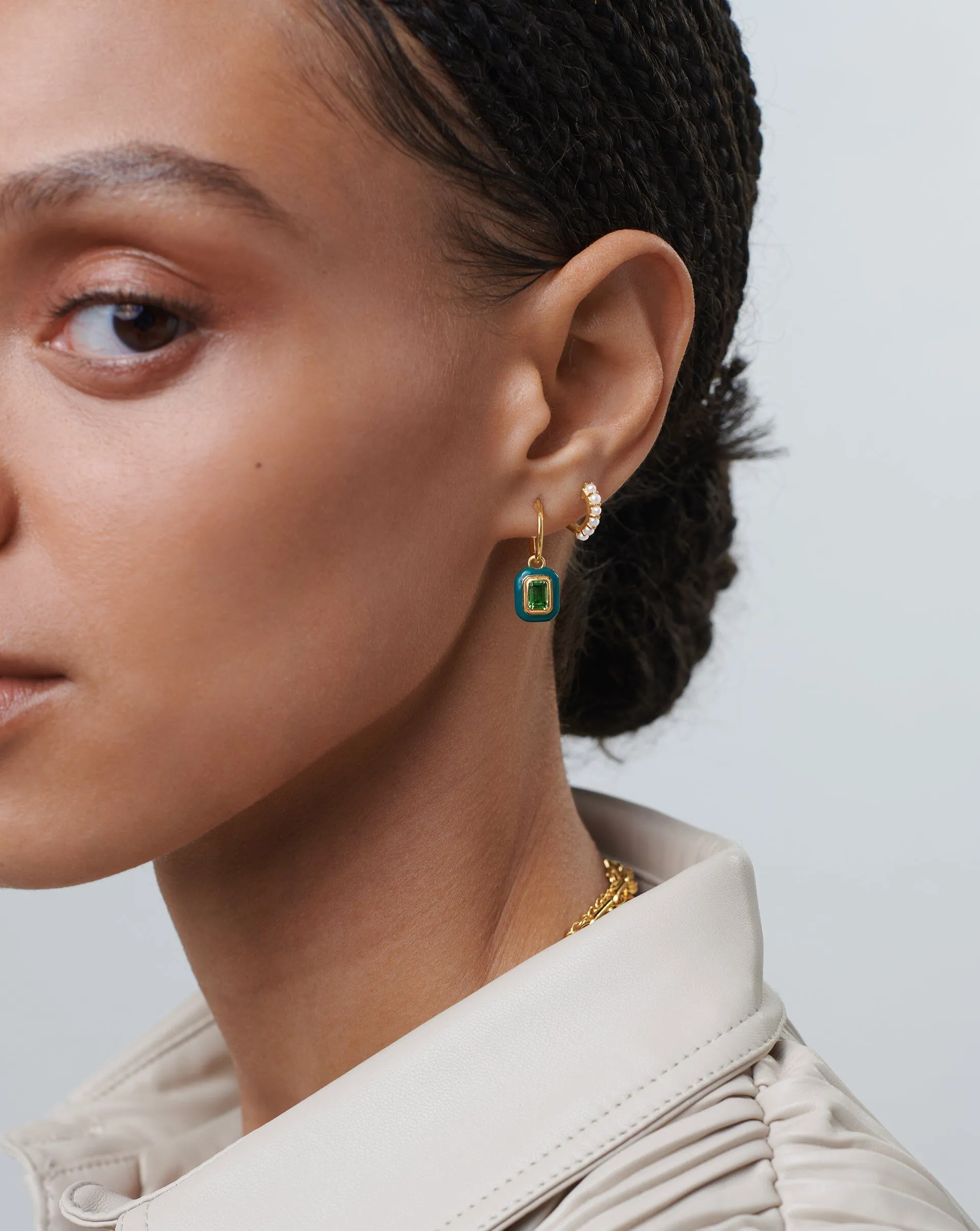 Enamel & Stone Charm Mini Hoop Earrings | 18k Gold Vermeil/Green Cubic Zirconia