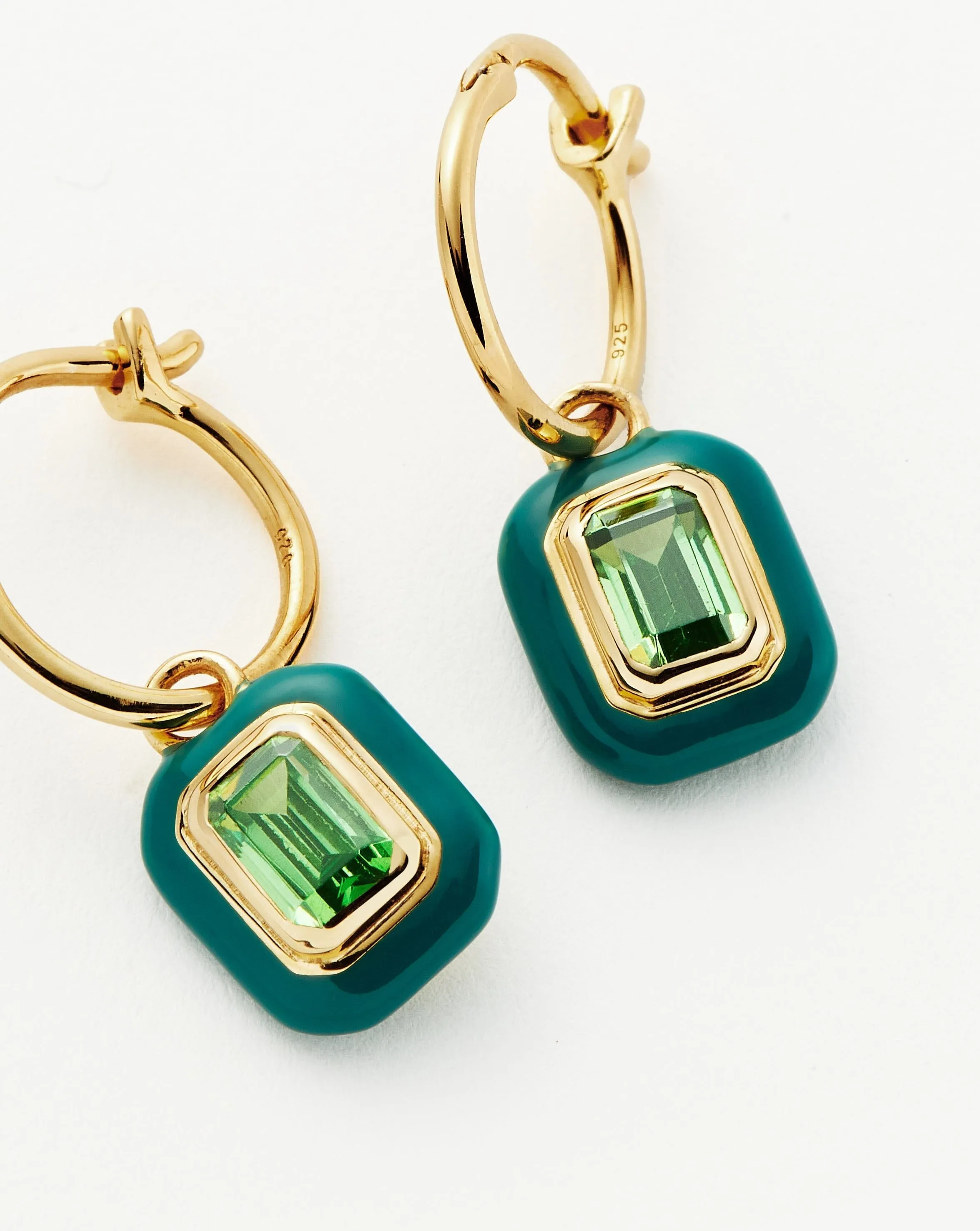 Enamel & Stone Charm Mini Hoop Earrings | 18k Gold Vermeil/Green Cubic Zirconia