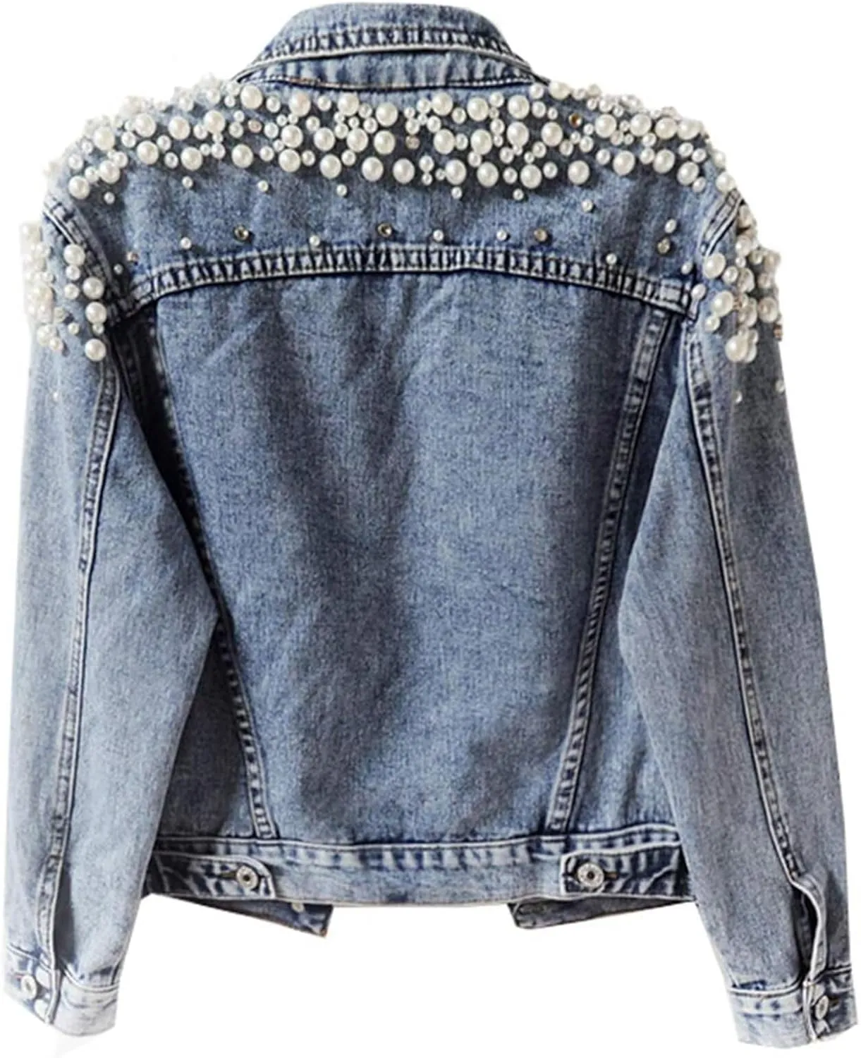 FantasyGears Women's Jeans Jacket Rhinestone Pearl Denim Jacket Embroidered Oversized Plus Size Jacket Streetwear