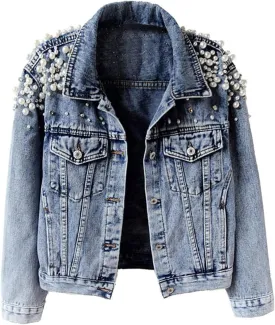 FantasyGears Women's Jeans Jacket Rhinestone Pearl Denim Jacket Embroidered Oversized Plus Size Jacket Streetwear