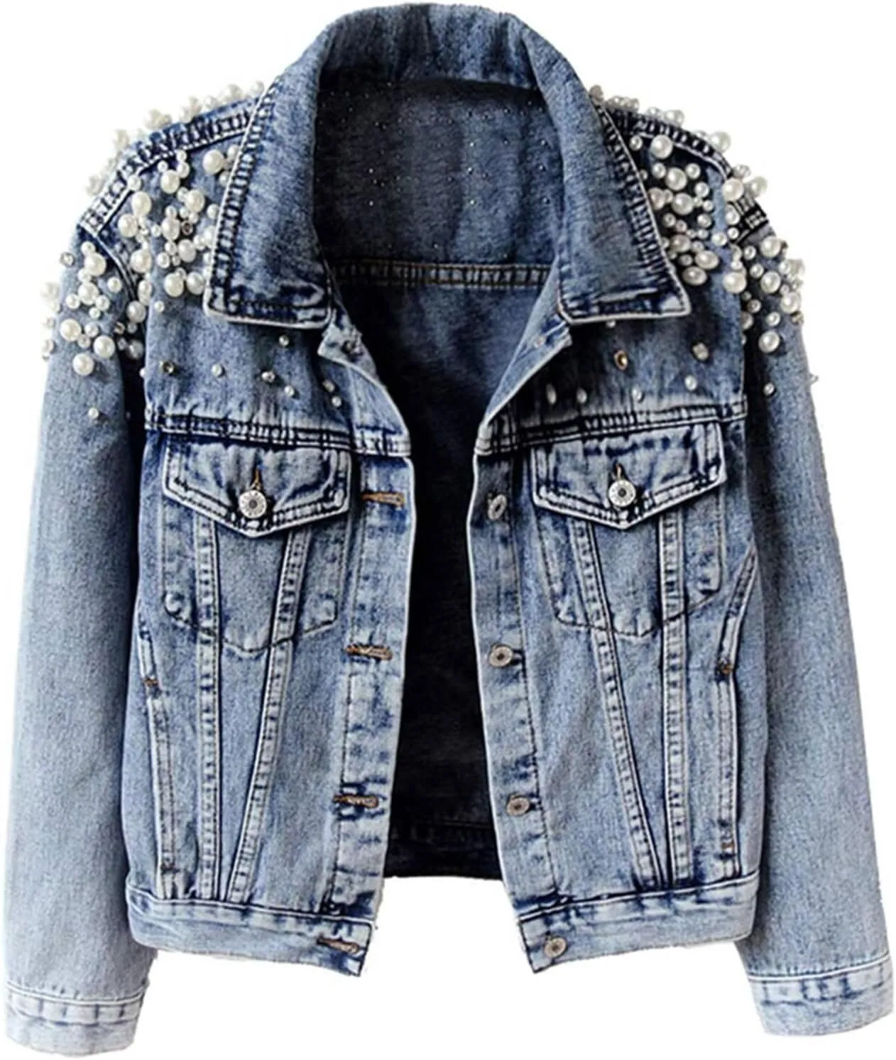 FantasyGears Women's Jeans Jacket Rhinestone Pearl Denim Jacket Embroidered Oversized Plus Size Jacket Streetwear