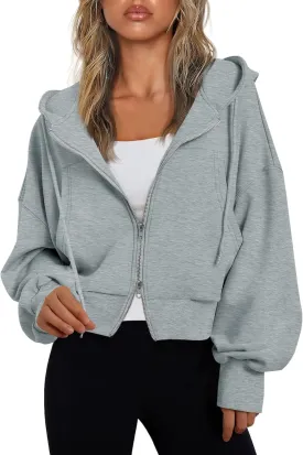 Fisoew Women's Crop Zip Up Hoodies Casual Long Sleeve Hooded Cropped Sweatshirts with Pockets