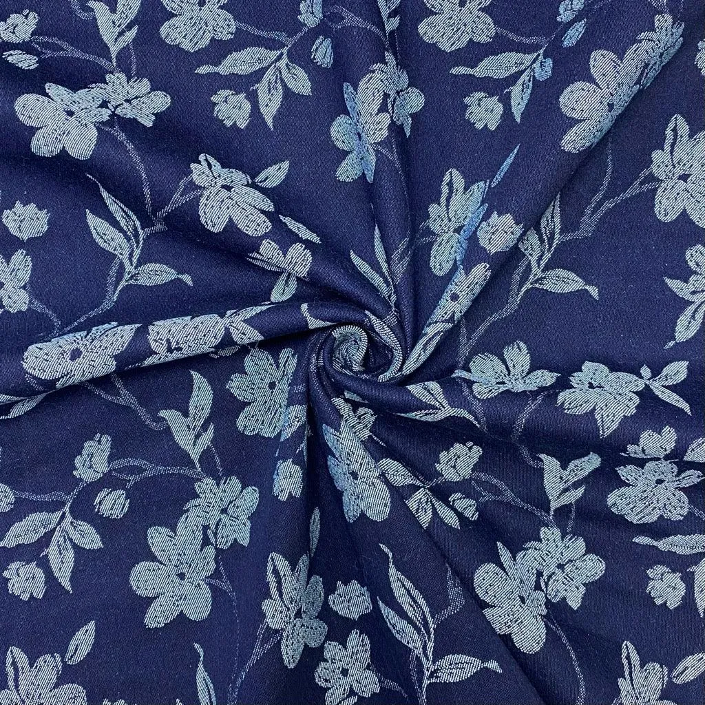Flower Garden on Navy Stretch Denim Fabric