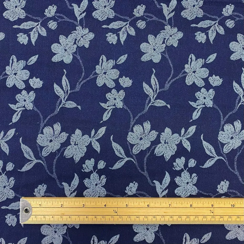 Flower Garden on Navy Stretch Denim Fabric