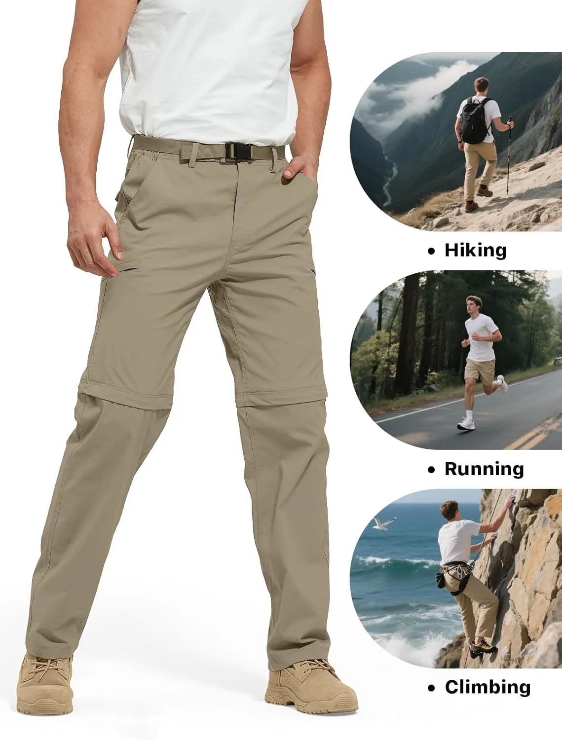 FREE SOLDIER Men's Outdoor Convertible Hiking Pants with Belt Lightweight Quick Dry Tactical Cargo Pants Nylon Spandex