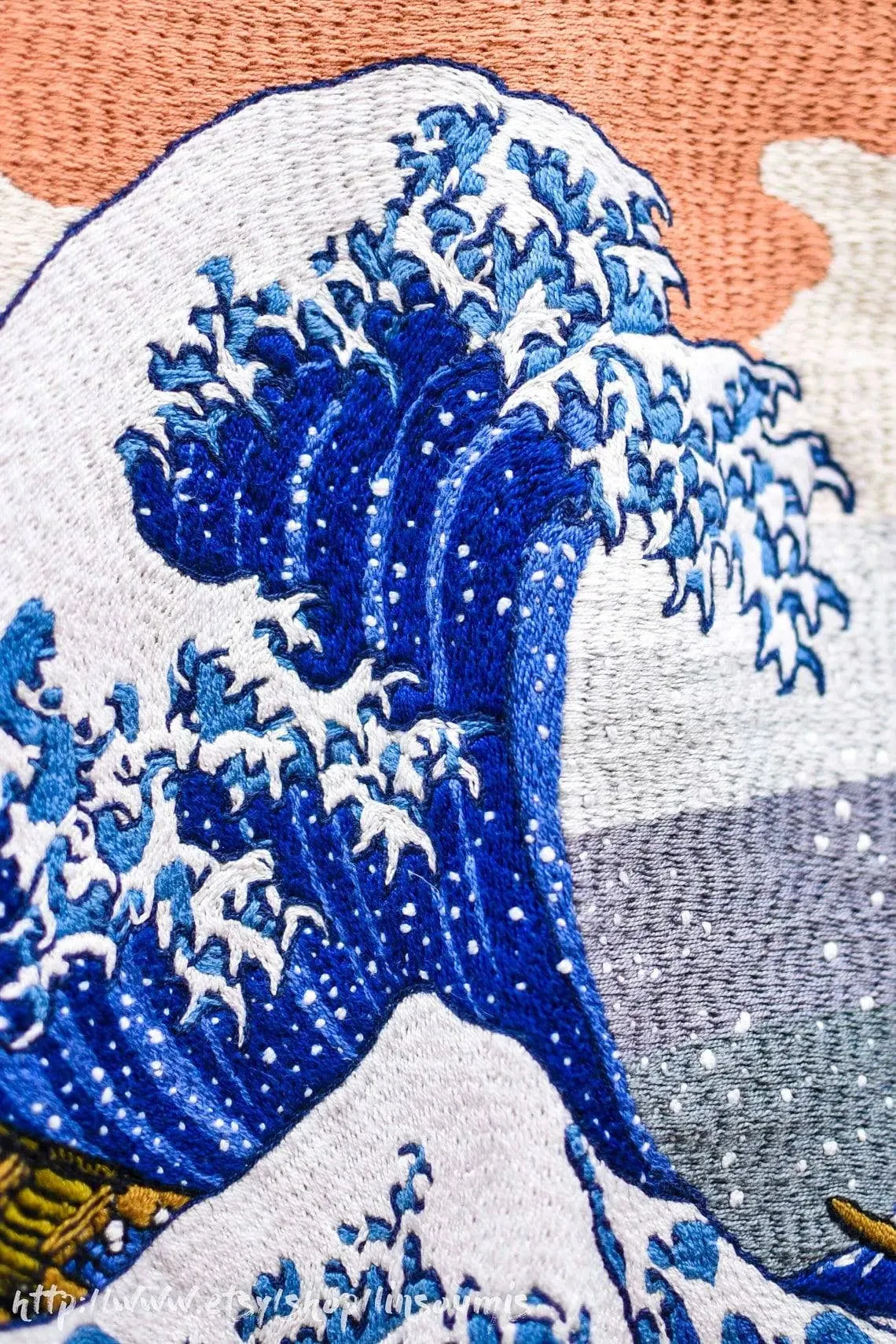 French 60s hand embroidered oversized coverall Hokusai the big Wave of Kanagawa/ Combinaison patinée brodée point de chaînette de la Vague d'HOKUSAI
