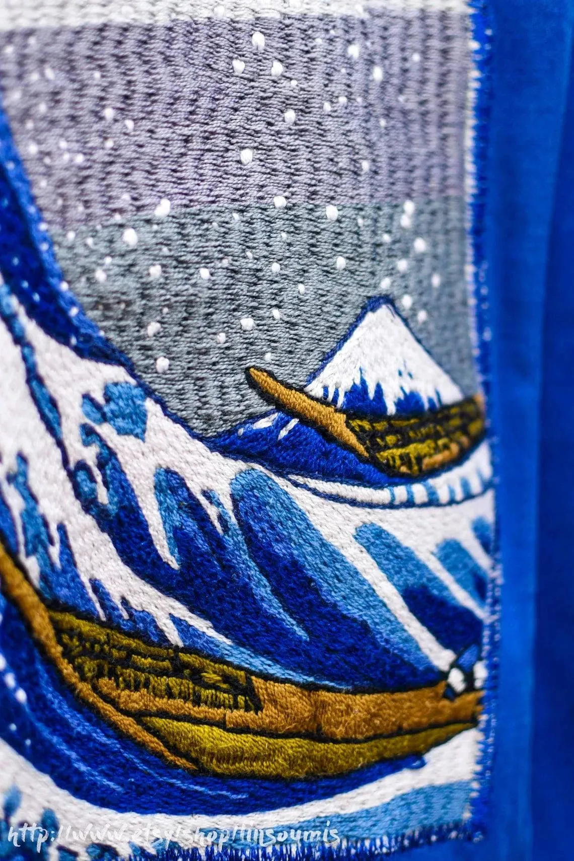 French 60s hand embroidered oversized coverall Hokusai the big Wave of Kanagawa/ Combinaison patinée brodée point de chaînette de la Vague d'HOKUSAI