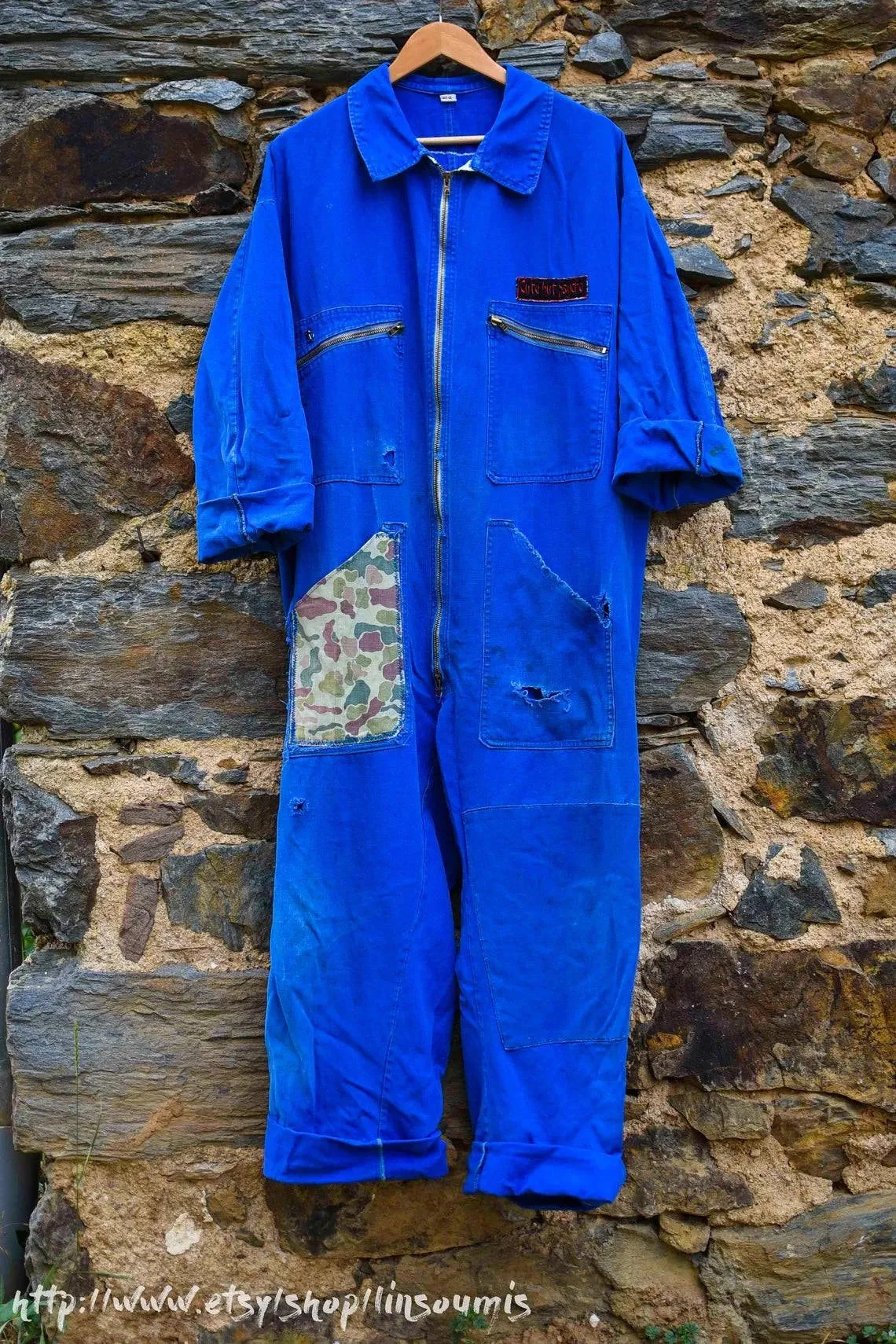 French 60s hand embroidered oversized coverall Hokusai the big Wave of Kanagawa/ Combinaison patinée brodée point de chaînette de la Vague d'HOKUSAI