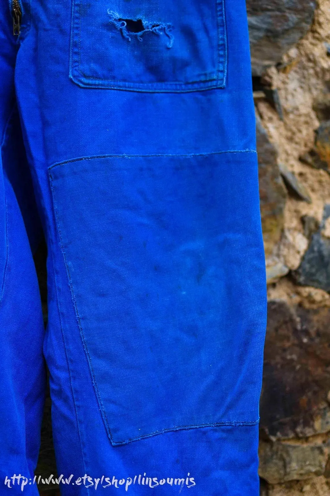 French 60s hand embroidered oversized coverall Hokusai the big Wave of Kanagawa/ Combinaison patinée brodée point de chaînette de la Vague d'HOKUSAI