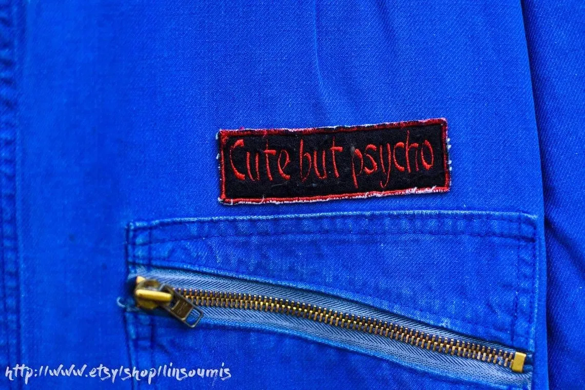 French 60s hand embroidered oversized coverall Hokusai the big Wave of Kanagawa/ Combinaison patinée brodée point de chaînette de la Vague d'HOKUSAI