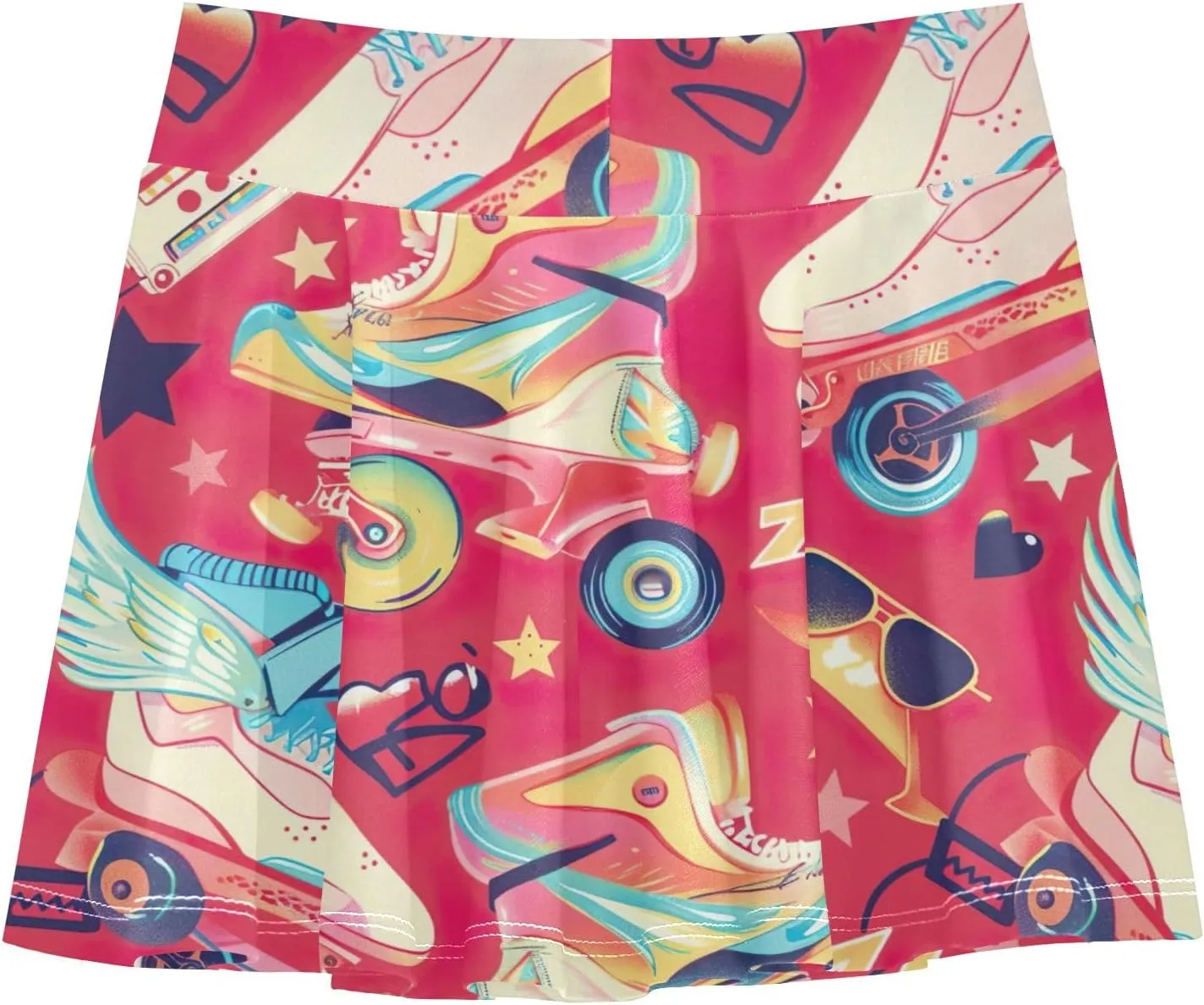 Girls Pleated Skirt with Shorts Athletic Tennis Skorts Dance Cheer Skirts Playful Cartoon Roller Skates Red