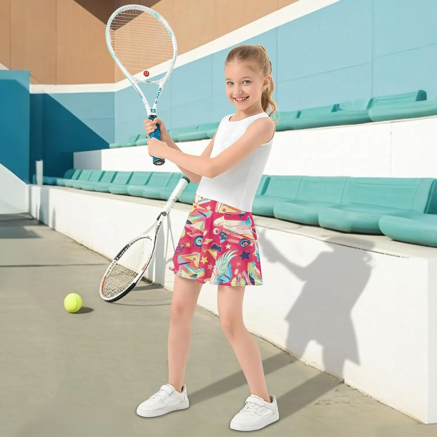 Girls Pleated Skirt with Shorts Athletic Tennis Skorts Dance Cheer Skirts Playful Cartoon Roller Skates Red