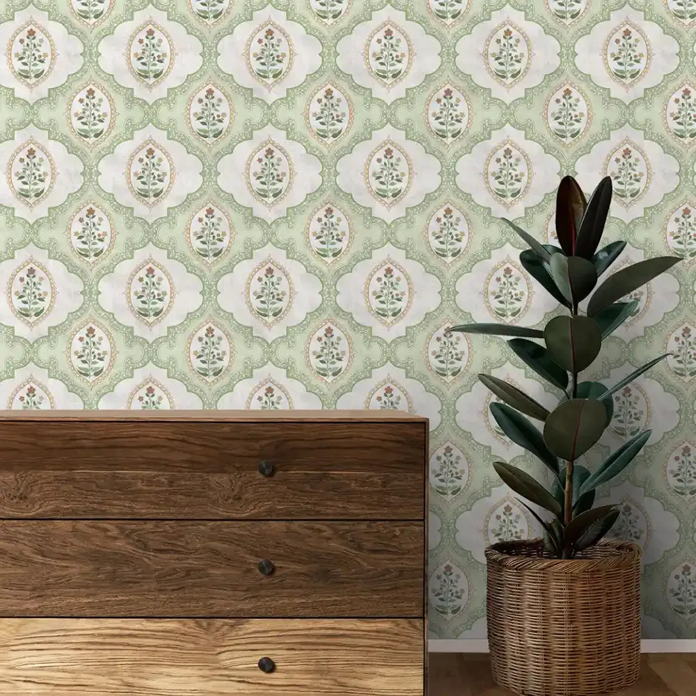 Gulshan Indian Design Wallpaper Roll in Green Color